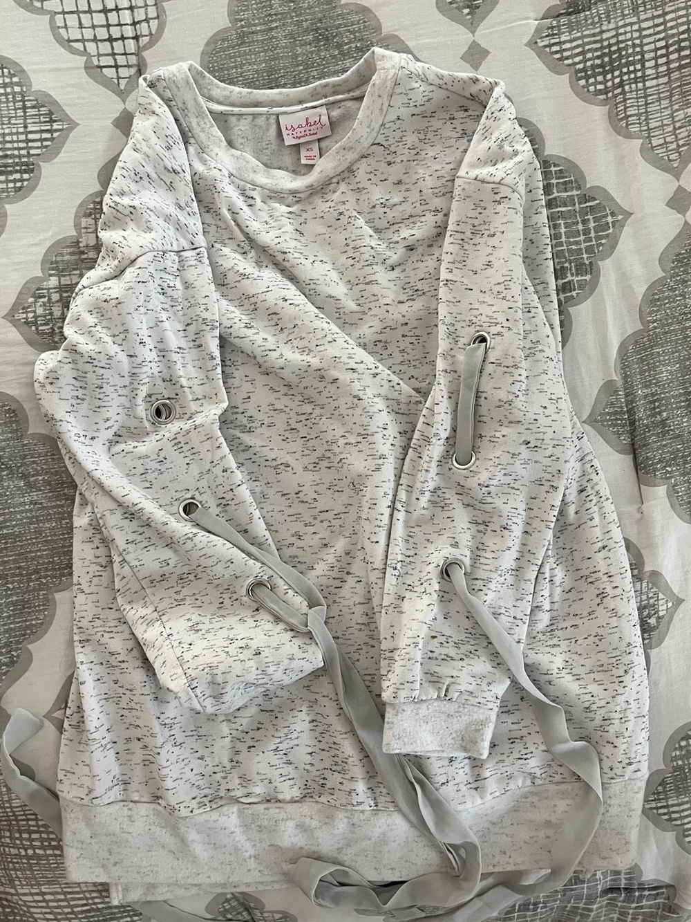 Maternity Sweatshirt Light Gray Lace-Up Grommets on Sleeve